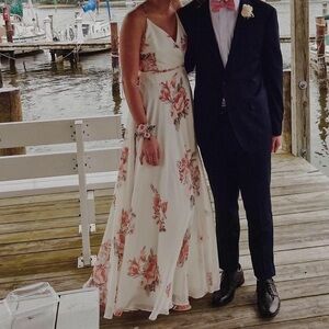 White wrap maxi dress with pink floral design